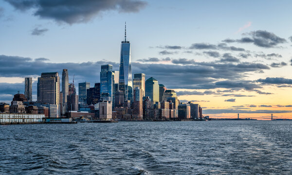 Lower Manhattan skyline at sunset, New York City, USA