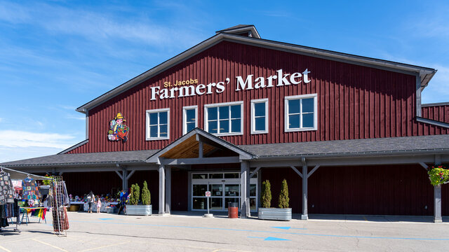 St. Jacobs , Ontario, Canada - August 20, 2020: Building of St. Jacobs farmer's market in Jacobs, Ontario, Canada on August 20, 2020, the Canada's largest year round farmer's market.