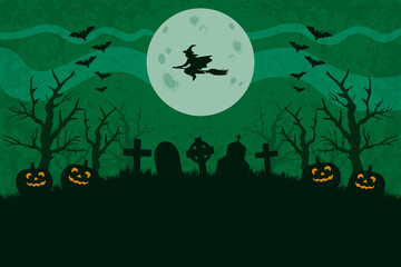 Halloween witch flying over graveyard