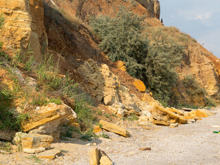Mountain landslide disaster in sesmically dangerous area. Large cracks in earth, descent of large...
