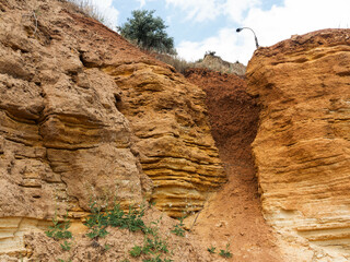 Mountain landslide disaster in sesmically dangerous area. Large cracks in earth, descent of large...
