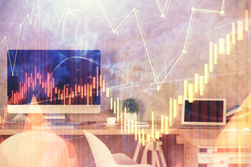 Multi exposure of financial graph drawing and office interior background. Concept of market analysis.