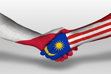 Handshake between malaysia and poland flags painted on hands, illustration with clipping path.