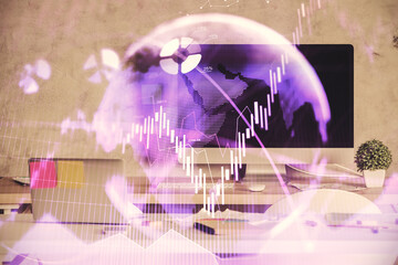 Multi exposure of financial graph drawing and office interior background. Concept of market analysis.