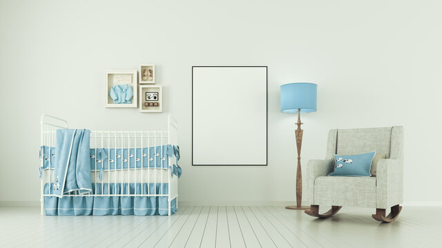 3d rendering of baby room idea. Baby crib with blue lamp, sofa chair, photos and poster
