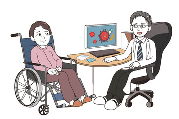 治験の話をするベテラン男性医師　高齢女性患者　車椅子
