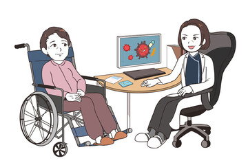 治験の話をするベテラン女性医師　高齢女性患者　車椅子