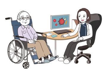 治験の話をするベテラン女性医師　高齢男性患者　車椅子