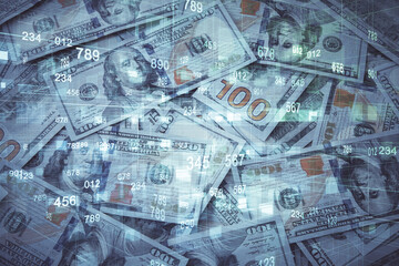 Double exposure of data theme drawing over us dollars bill background. Technology concept.