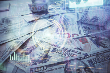 Double exposure of data theme drawing over us dollars bill background. Technology concept.