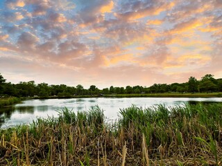 Beautiful Sunset Cloudscape Over A Pond In New Jersey