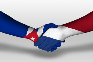 Handshake between netherlands and cuba flags painted on hands, illustration with clipping path.