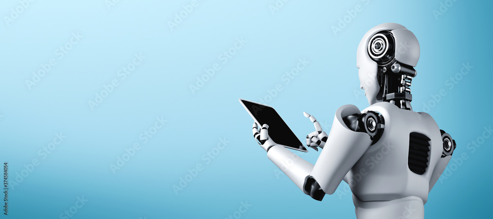 Poster robot humanoid using tablet computer in future office while using ai thinking brain , artificial int