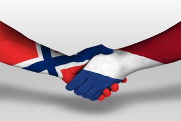 Handshake between netherlands and norway flags painted on hands, illustration with clipping path.