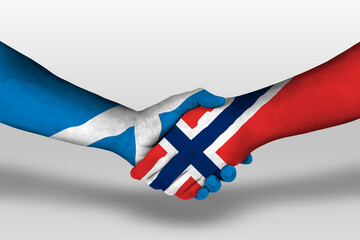 Handshake between norway and scotland flags painted on hands, illustration with clipping path.