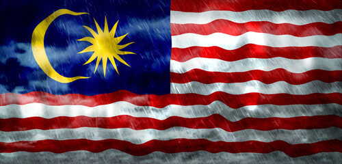 Composite of Flag of Malaysia and rain clouds. Symbolizing heavy rains, storms, typhoons and other...