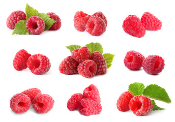Set of fresh ripe raspberries with green leaves on white background