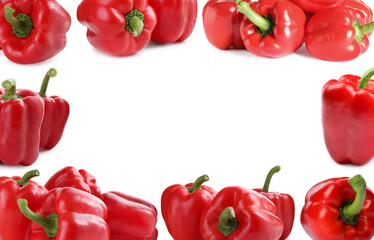Frame of red bell peppers on white background