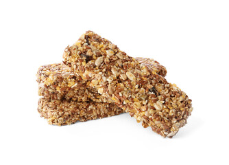 Crunchy granola bars on white background. Healthy snack