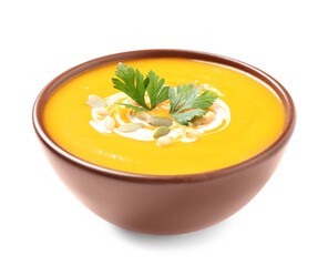 Tasty creamy pumpkin soup in bowl on white background