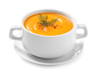 Tasty creamy pumpkin soup in bowl on white background
