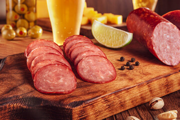 Sliced smoked salami on cutting board with two glasses of beer, cubs of cheese, olives and pistachios