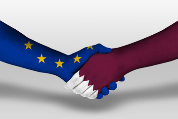 Handshake between qatar and european union flags painted on hands, illustration with clipping path.