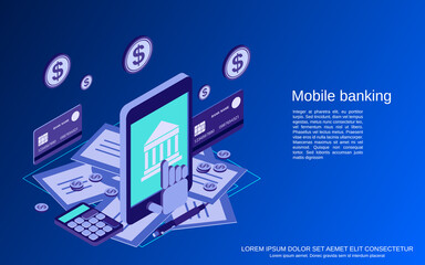 Mobile banking, money transfer, financial transaction flat 3d isometric vector concept illustration