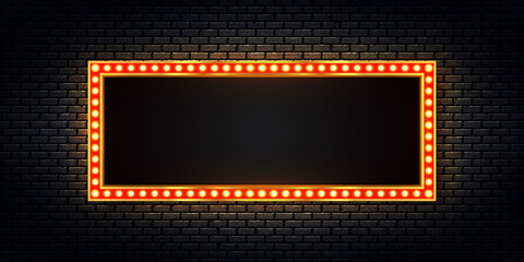 Vector realistic isolated retro billboard with electric light lamps for invitation on the wall background. Concept of vintage decoration.