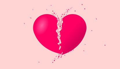 Broken heart shape - Illustration of red heart split in the middle with dust and debris. Heartbroken, lost love, and breakup concept. Vector illustration.