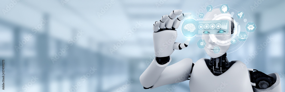 Poster robot humanoid hold hud hologram screen in concept of ai thinking brain, artificial intelligence and
