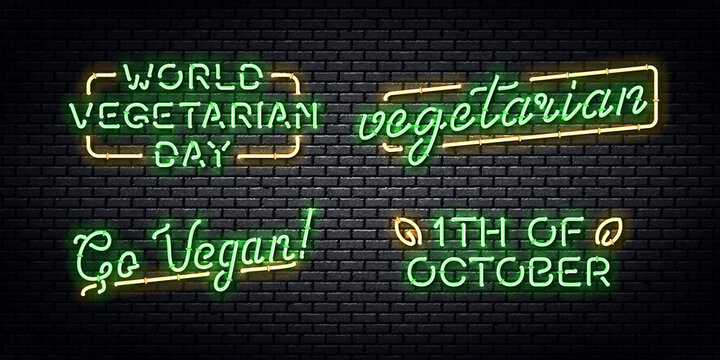 Vector set of realistic isolated neon sign of Vegetarian Day logo for decoration and covering on the wall background. Concept of vegetarian cafe and eco product.
