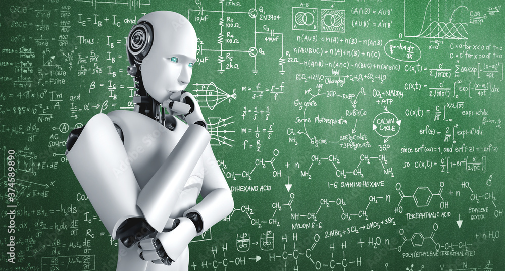Poster thinking ai humanoid robot analyzing screen of mathematics formula and science equation by using art