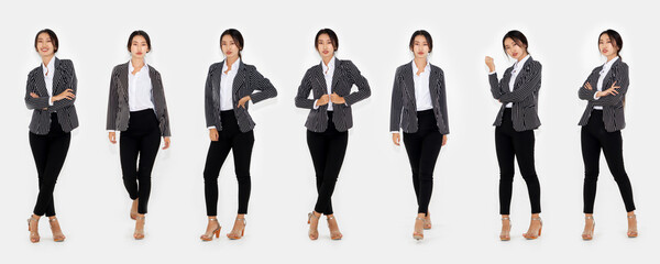 Different pose of same Asian woman full body portrait set on white background wearing formal business suit in studio collection .
