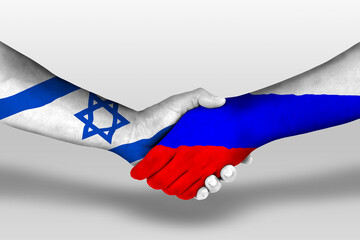 Handshake between russia and israel flags painted on hands, illustration with clipping path.