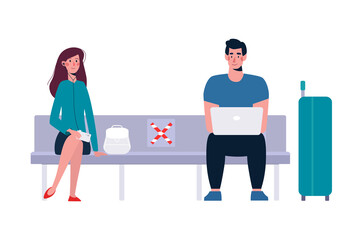 A socially safe distance between a man and a woman on the bench so as not to spread the virus, the coronavirus COVID-19. People keep their distance in the waiting room. Vector illustration, flat.