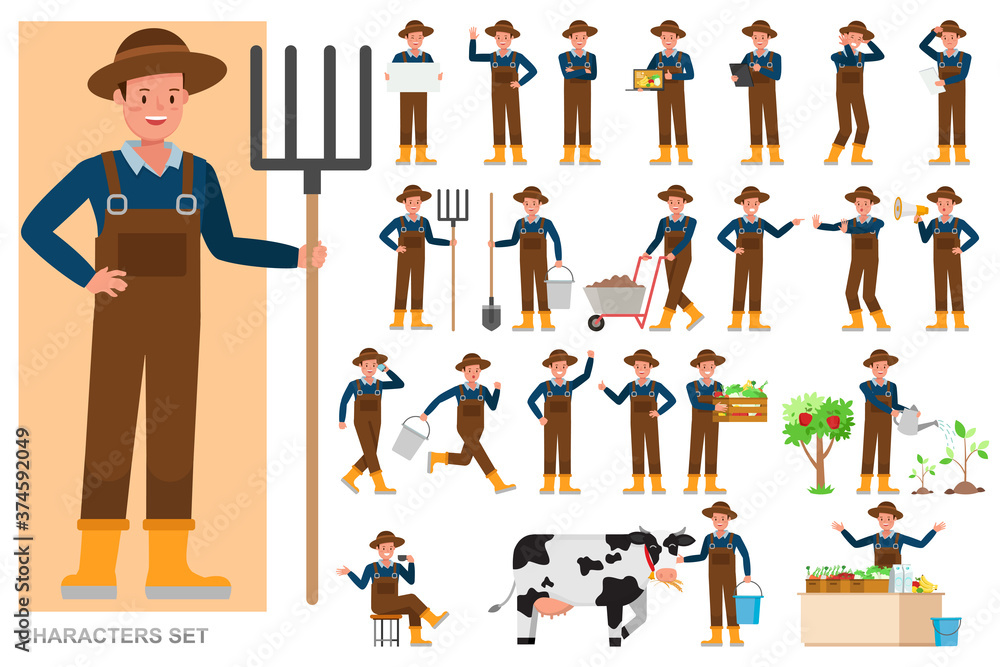 Poster set of farmer character vector design. presentation in various action with emotions, running, standi
