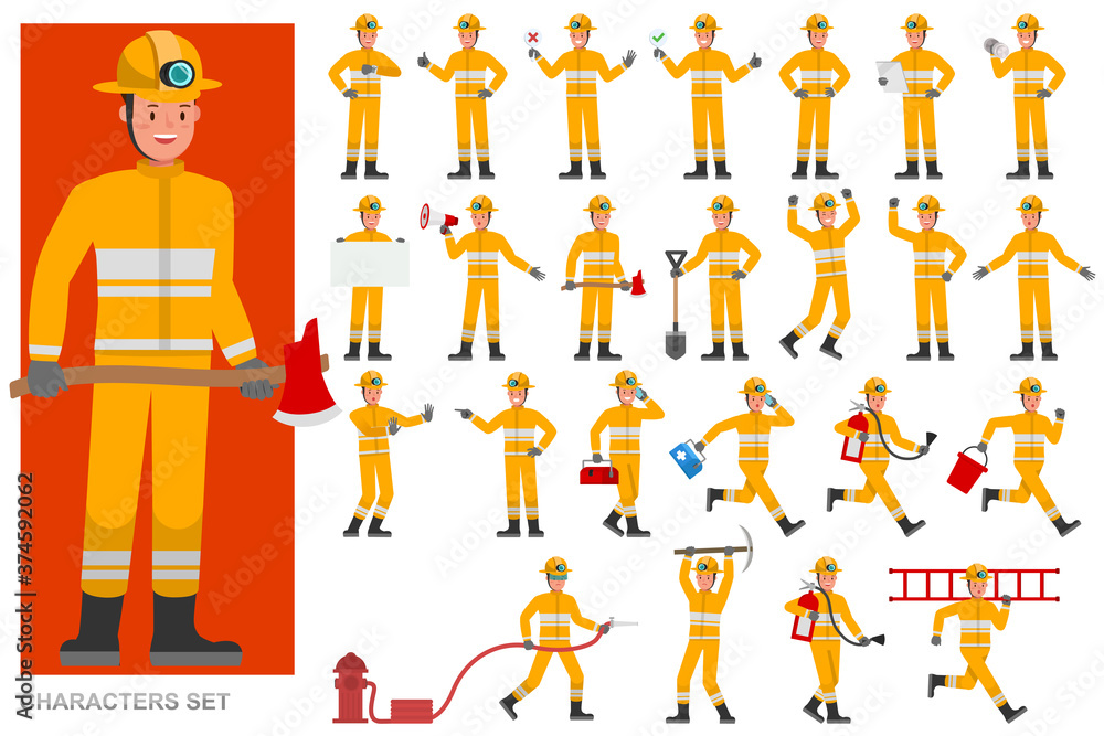 Poster set of firefighter character vector design. presentation in various action with emotions, running, s