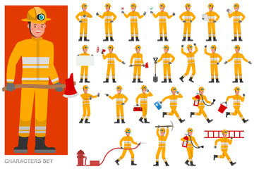 Set of Firefighter character vector design. Presentation in various action with emotions, running, standing and walking.