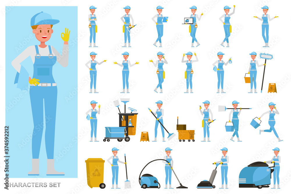 Poster set of professional janitor woman working character vector design. presentation in various action wi