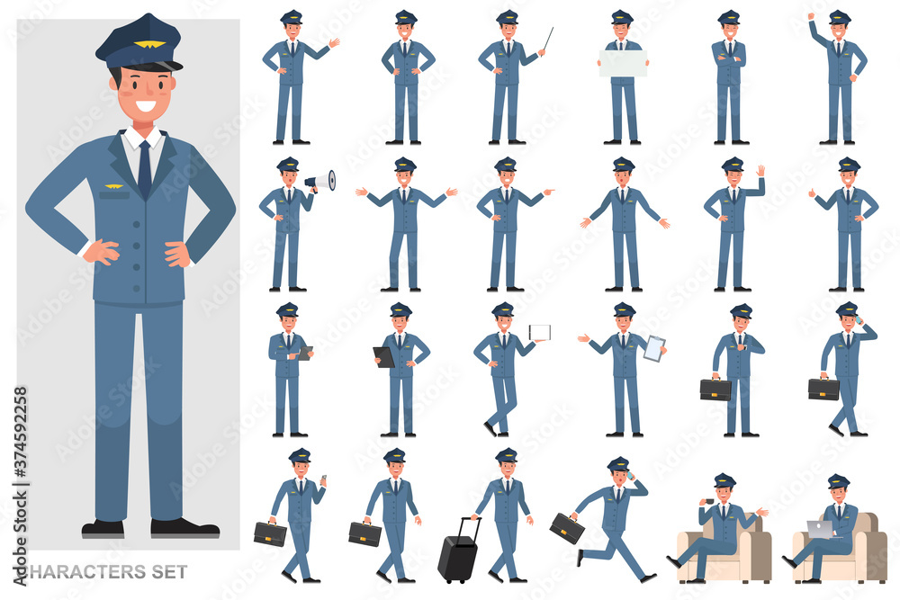 Poster set of steward man character vector design. presentation in various action with emotions, running, s
