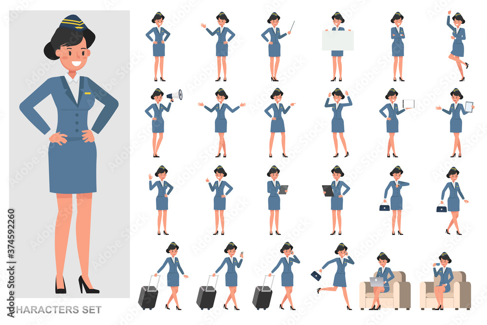 Poster set of stewardess character vector design. presentation in various action with emotions, running, st