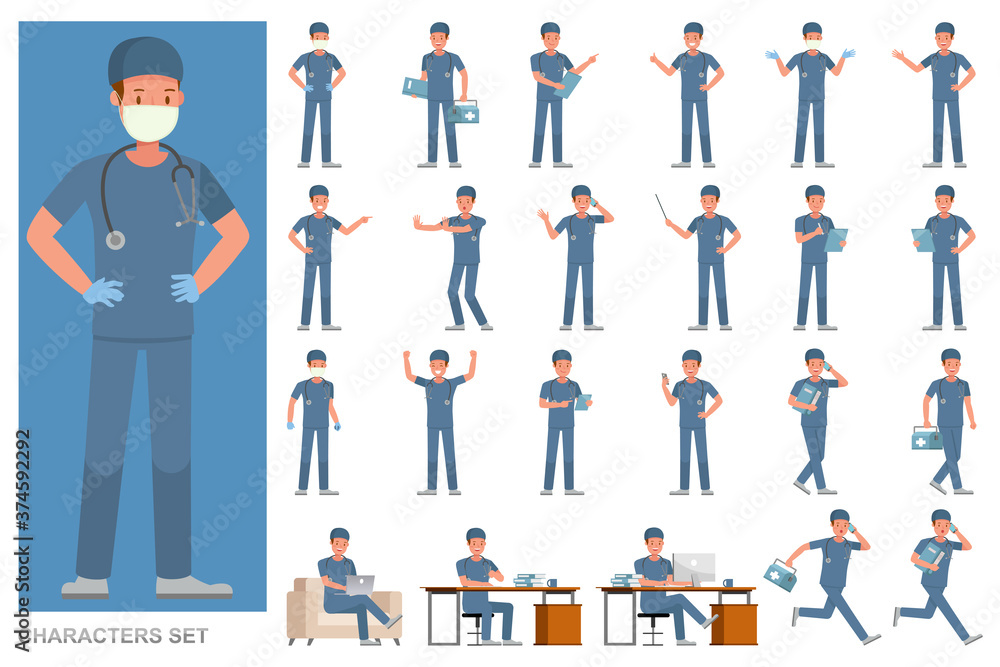 Poster set of surgeon man character vector design. presentation in various action with emotions, running, s
