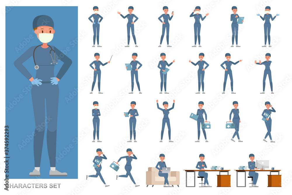 Poster set of surgeon woman people working character vector design. presentation in various action with emo