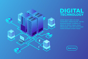 Concept of data network management .Vector isometric map with business networking servers computers and devices.Cloud storage data and synchronization of devices.3d isometric style
