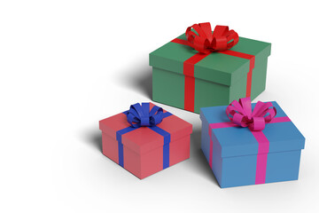 Three gift box green blue and red with bows isolated on a white background. 3d illustration.