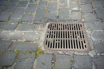 Drainage grate on the paving stone road. Melbourne. Australia. 