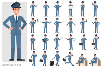 Set of Steward Man character vector design. Presentation in various action with emotions, running, standing and walking. © yindee