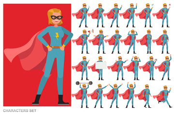 Set of Superhero woman character vector design. Presentation in various action with emotions, running, standing and walking. © yindee