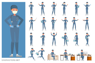 Set of Surgeon woman people working character vector design. Presentation in various action with emotions, running, standing and walking.
